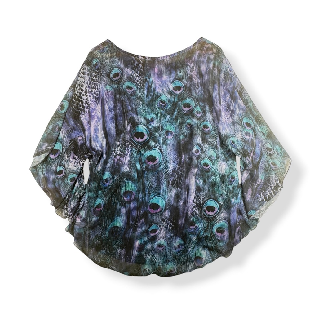 B L E U Womens Top Size Large Peacock Chiffon Rhinestone Artsy Hippie Fairy - Picture 2 of 7